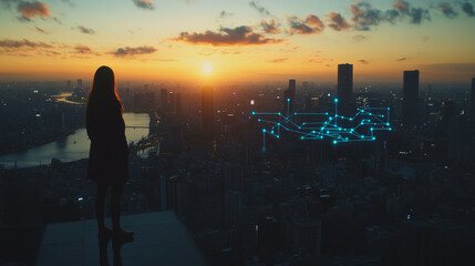 Abstract business woman stands on the peak of success amid tall, innovative Smart city and graphs with statistics to analyze business potential and predict future developments in company growth.