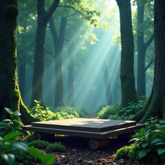Wooden beam supports a flat stone podium in a misty, mystical forest, forest, podium, wooden