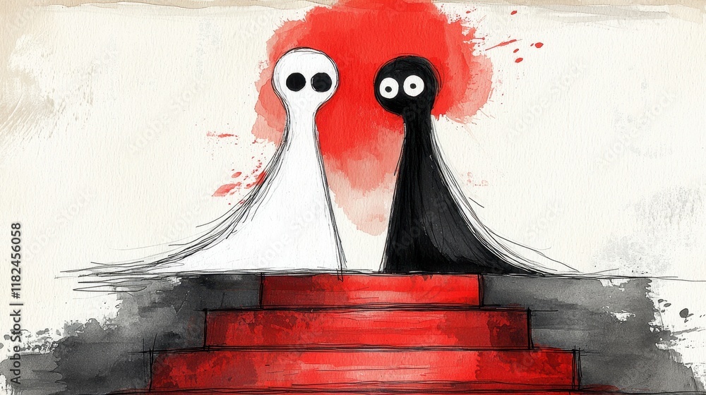 Poster A couple of ghosts sitting on top of a red staircase