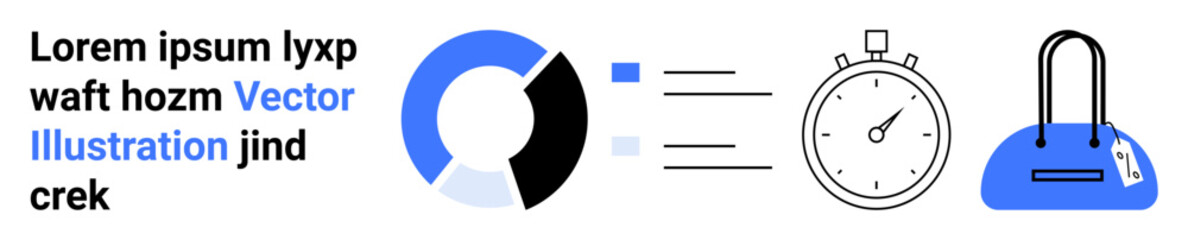 Progress chart displaying segments, stopwatch indicating time management, and a handbag for personal items. Ideal for productivity, organization, time tracking, shopping, ecommerce, personal