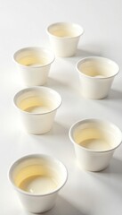Empty plastic yoghurt pots scattered on white surface, clean, white background, empty
