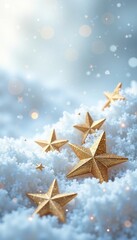 Glittering gold stars on a snowy white background, snowflakes, icy