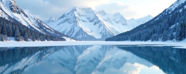 snow-capped mountains reflected perfectly in a frozen lake, winter, snowy, frozen