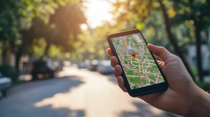Hand holds phone displaying a location map outdoors.
