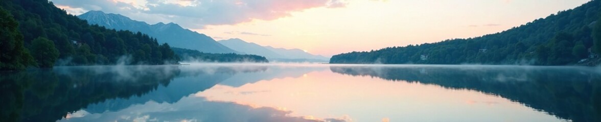 Serene lake waters reflected in a mirrored sky, water, landscape, peaceful