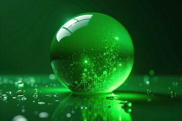 Shimmering green liquid fills a mirrored sphere, futuristic, green