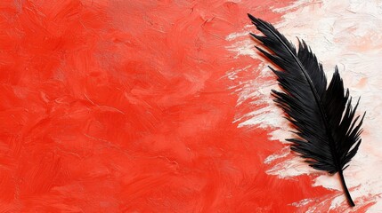 A black feather on a red and white background