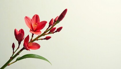 A stem with bright red flowers and seed pods on the ends, stems, botanical