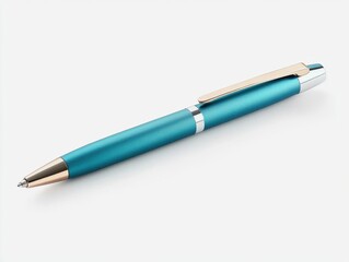Naklejka premium professional ergonomic blue ballpoint pen with metallic accents and smooth writing tip on clean white desktop background