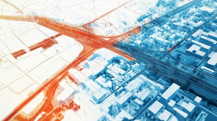 Obraz premium Abstract city model, roads, buildings, aerial view.