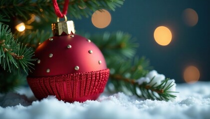 Red beanie peeking out from behind a Christmas ornament, beanie, christmas ornament
