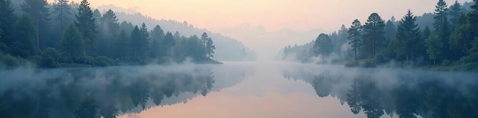 misty forest scene with lake and reflected trees, forest, foggy, solitude