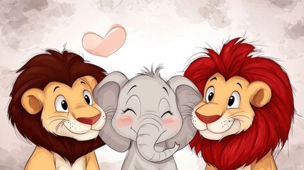 Fototapeta premium A group of three cartoon lions and an elephant with a heart in the background