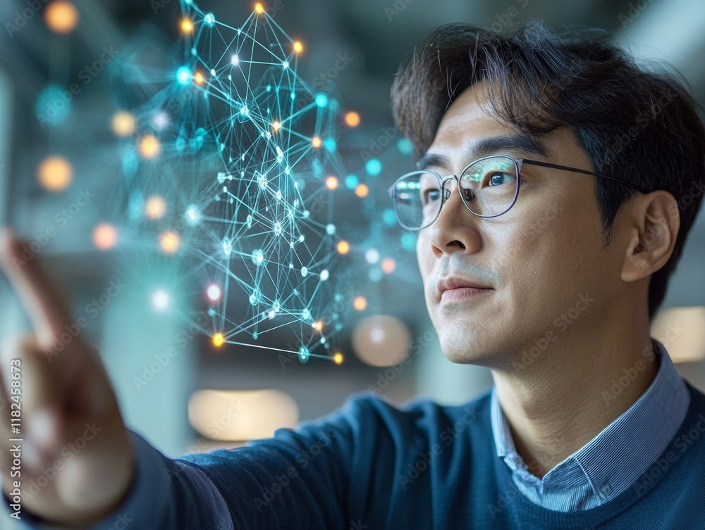 Poster focused analysis south korean man interacting with floating financial graph in abstract pastels