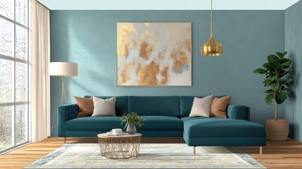 interior design, luxurious living room, teal walls, velvet teal sofa, gold pendant lights, large window, cloud painting artwork, minimalist decor, modern aesthetic, potted plant, natural light, high c
