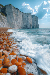 Photo réaliste d’une plage de galets et falaises blanches