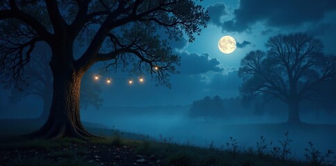 Fototapeta premium Dark forest with misty atmosphere and twinkling lights, moonlight, ambiance, tree