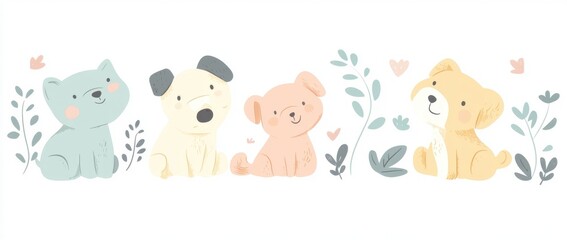 Obraz premium Cute, simple clipart of dogs in various poses and sizes, in pastel colors on a white background, with a minimalistic design featuring large shapes, suitable for nursery art Generative AI