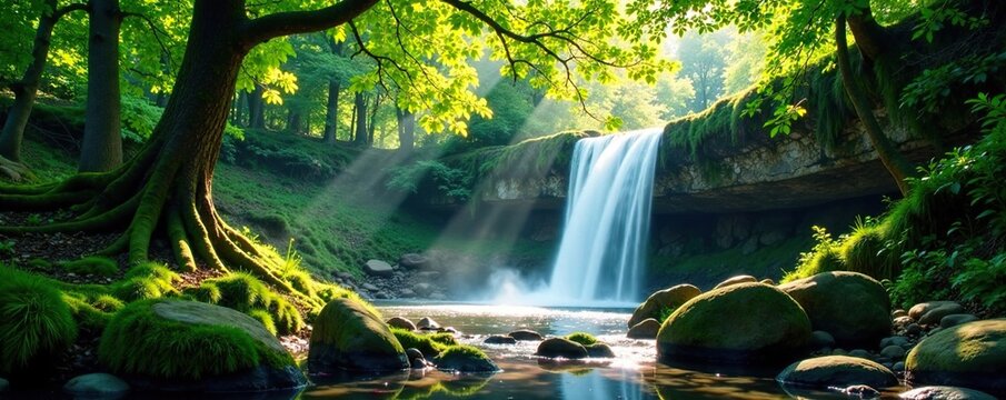Tranquil forest with waterfall in the background, forests, sunlight