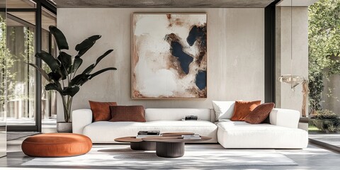 Modern living room, minimalist white sectional sofa, abstract geometric artwork, terracotta and navy accents, large potted plant, natural light, floor-to-ceiling windows, circular coffee table, textur