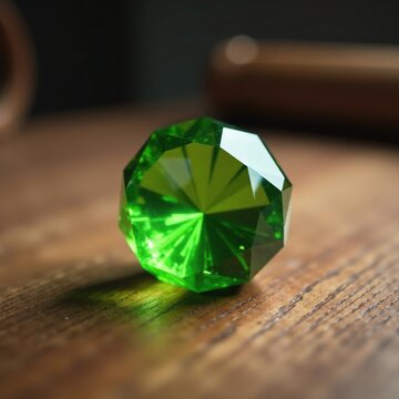 Round faceted moldavite stone on a wooden desk, silicate, faceted gemstone, geology