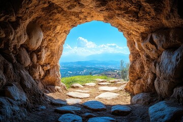 Scenic View through Rocky Cave Opening Overlooking Vast Landscape and Blue Sky