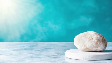 A rock sitting on top of a white pedestal on a table
