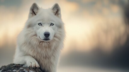 Obraz premium A white wolf sitting on top of a rock