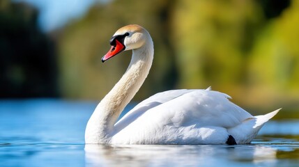 Fototapeta premium A white swan floating on top of a body of water