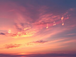 Sunset sky with musical notes floating.