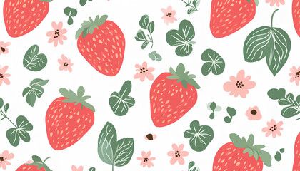 Seamless Pattern with Strawberries and Floral Elements in a Whimsical Botanical Design