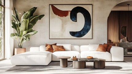 Modern living room, minimalist white sectional sofa, abstract geometric artwork, terracotta and navy accents, large potted plant, natural light, floor-to-ceiling windows, circular coffee table, textur