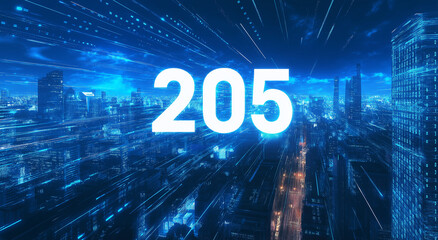The number "205" is written in glowing blue numbers on the background of a digital cityscape, with lines and lights creating a dynamic perspective