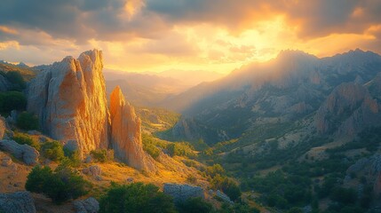 Majestic Mountain Valley Sunset Golden Light Rocks