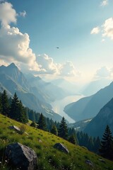 Obraz premium Panorama ?ber eine weite Landschaft mit dichten Wolken, grau, Nebel, flugzeug