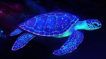 Fototapeta premium Glowing sea turtle swimming in a cosmic nebula.