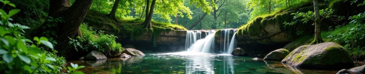 Fototapeta premium Forest clearing with a sunlit waterfall and lush greenery, idyllic, serene