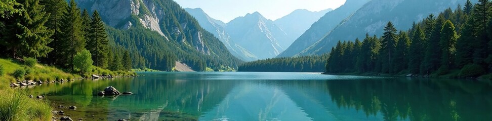 Fototapeta premium Forest surrounding a peaceful lake in the mountains, Polish Tatra Mountains, mountainous scenery, Morske Oko lake