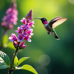 Fototapeta premium Anise hyssop's fragrance wafts towards a hovering hummingbird, nature, hover