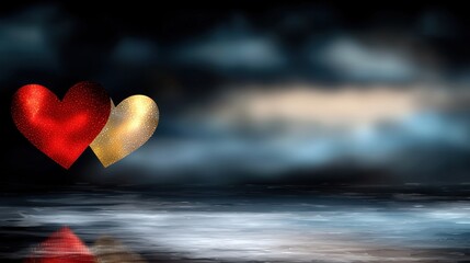 Obraz premium A couple of red and gold hearts floating in the water