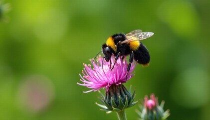 Helophilus trivittatus sipping nectar from a thistle in mid-air, insect, Palearctic