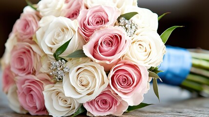 Obraz premium A bouquet of pink and white roses on a wooden table