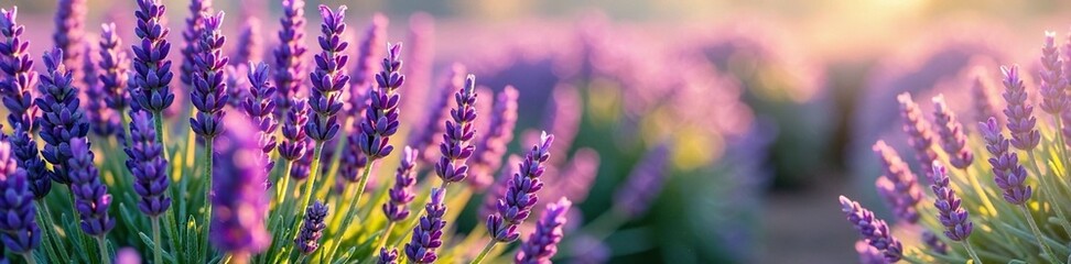 Fototapeta premium Field of purple lavender with a few scattered leaves, grass, sunlight, green