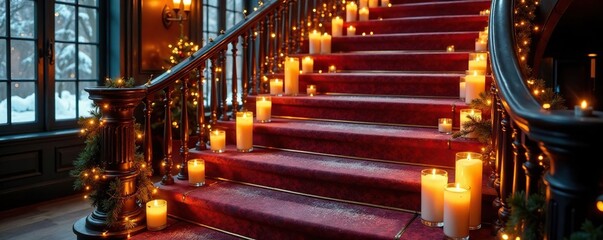 Grand staircase lined with candles in mercury glass holders, stairway decor, winter wonderland, staircase decor