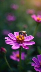 Insects collecting nectar and pollen on a colorful garden, pollination, purple, insects