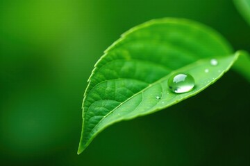 Fototapeta premium Isolated green leaf with small water droplets on stem, tiny drops, small water droplets