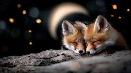 Obraz premium A couple of foxes sleeping on top of a log
