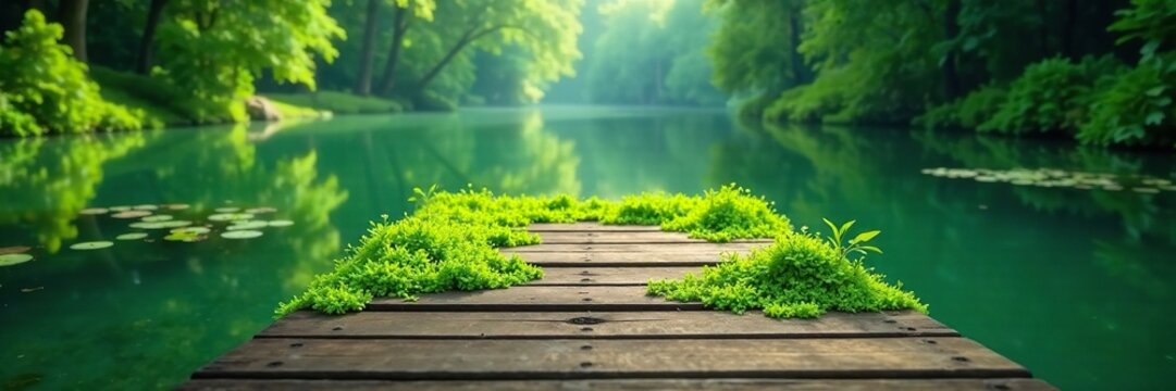 Green algae growing on a wooden dock in a lake, ponds, algae, lakes