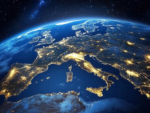 stunning view of earth at night from space showing city lights network with detailed continental outlines and atmospheric glow