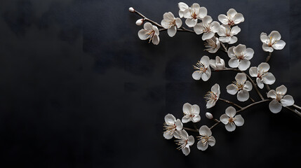 stunning silver metallic cherry blossom branch with delicate white flowers on dark textured background, creating serene and elegant composition
